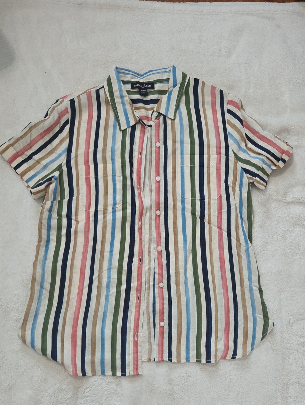 Nautica Short-Sleeve Multicolor Vertical Stripe Button-Down Shirt